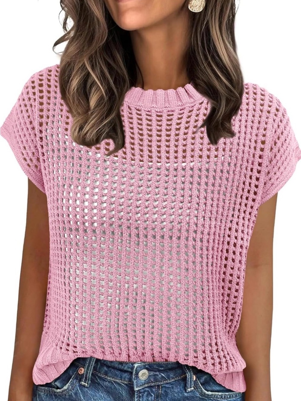 Light Pink Crochet Open-Weave Short Sleeve Top